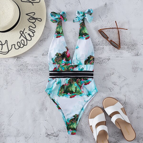

Marble Print Plunging One Piece Swimsuit, Baby blue