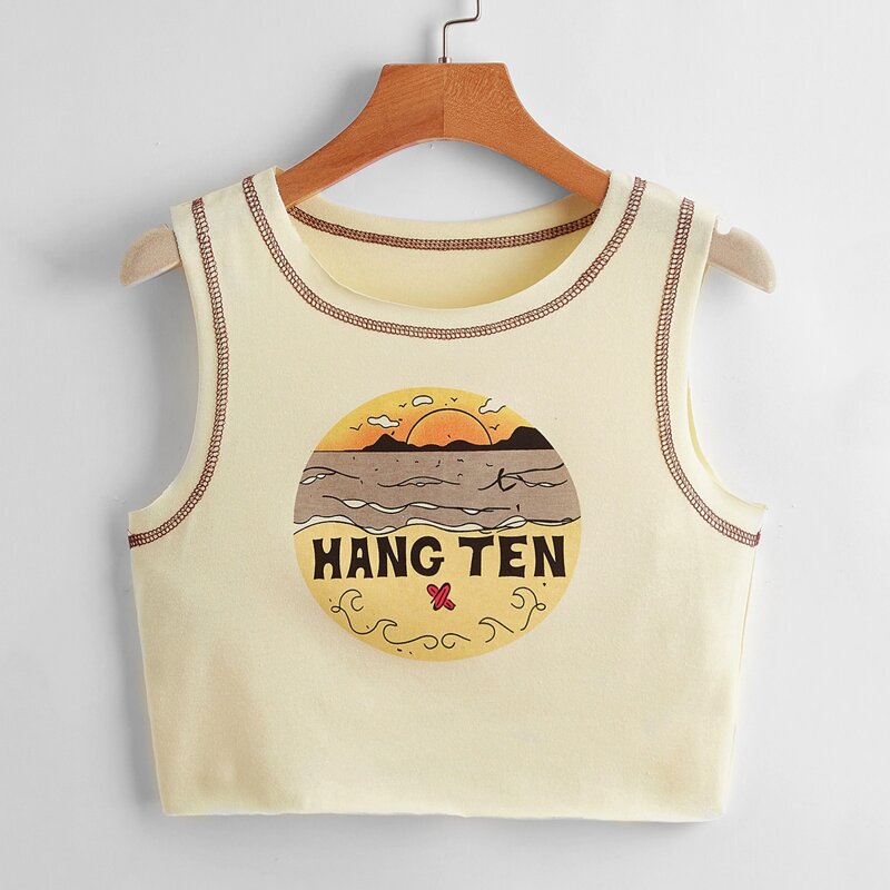 

Stitching Trim Letter Sun Graphic Tank Top, Apricot