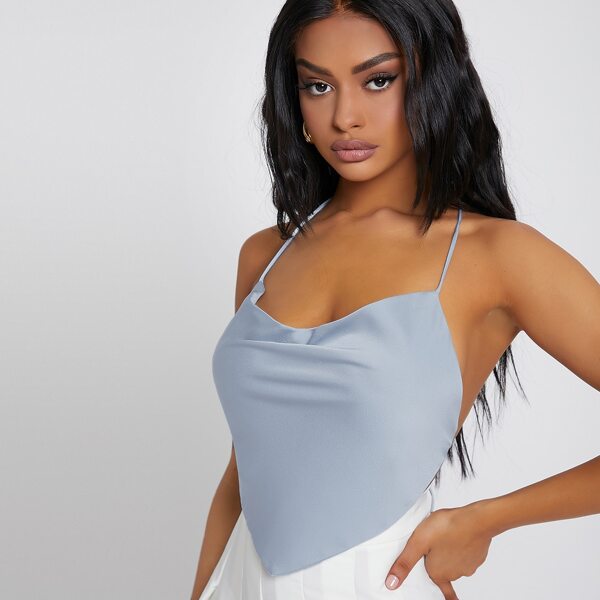 

Satin Cowl Neck Open-Back Self-Tie Halter Crop Top, Dusty blue