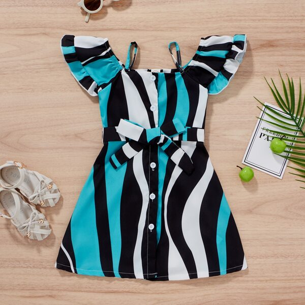 

Toddler Girls Cold Shoulder Button Front Belted Dress, Multicolor