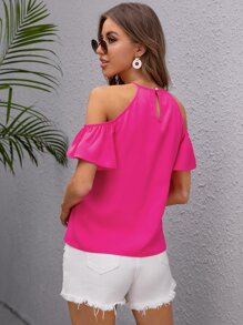 SHEIN LUNE Cold Shoulder Ruffle Sleeve Solid Top - Hot Pink - View 2