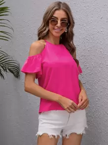 SHEIN LUNE Cold Shoulder Ruffle Sleeve Solid Top - Hot Pink - View 3