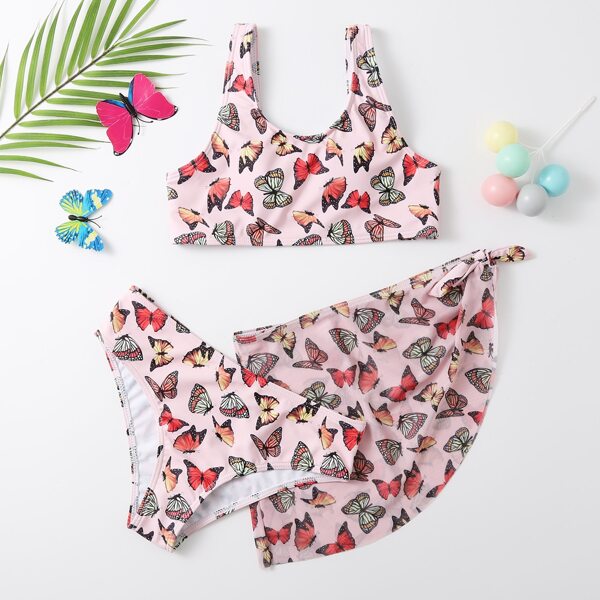 

3pack Girls Butterfly Print Bikini Swimsuit With Cover Up, Multicolor
