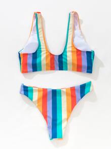 Striped Knot Front Bikini For Summer Beach Vacation - Multicolor - View 2
