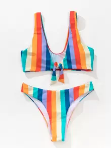 Striped Knot Front Bikini For Summer Beach Vacation - Multicolor - View 3