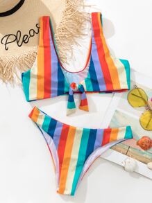 Striped Knot Front Bikini For Summer Beach Vacation - Multicolor - View 5