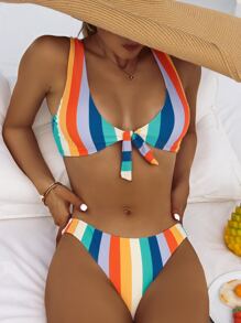 Striped Knot Front Bikini For Summer Beach Vacation - Multicolor - View 6