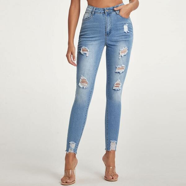 

Ripped Raw Hem Skinny Jeans, Light wash
