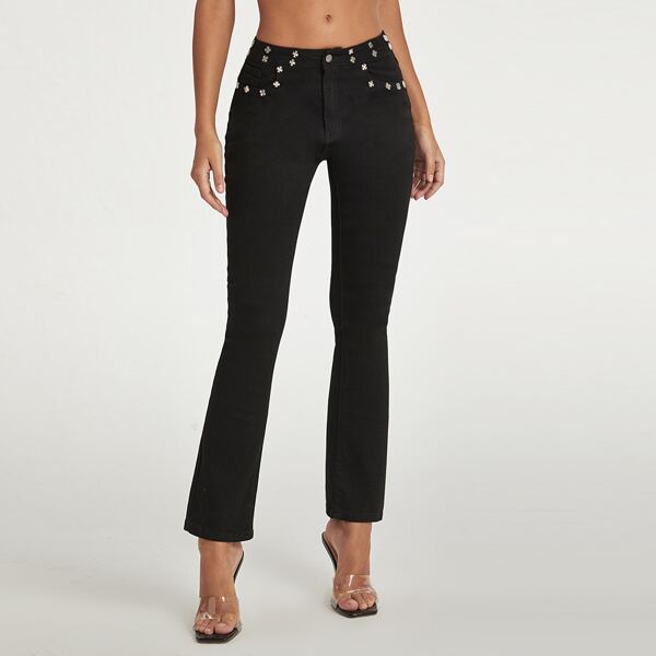 

Drop Waist Beaded Detail Jeans, Black