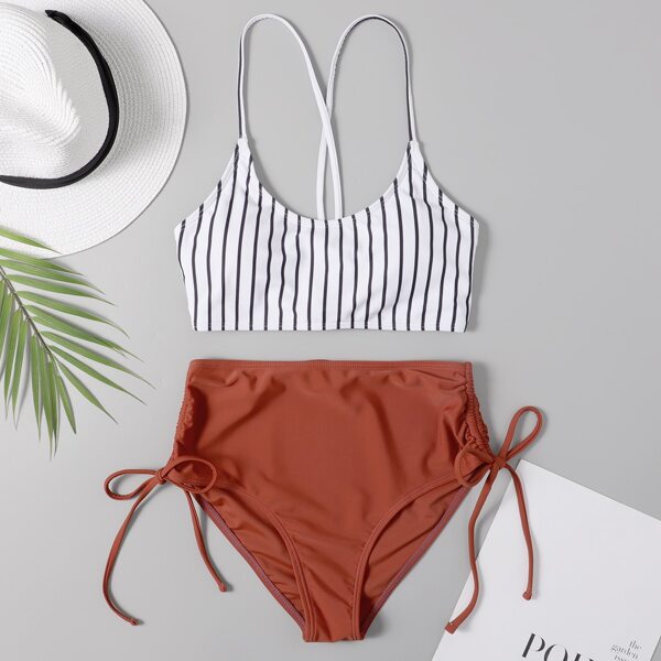 

Striped Drawstring High Waisted Bikini Swimsuit, Multicolor
