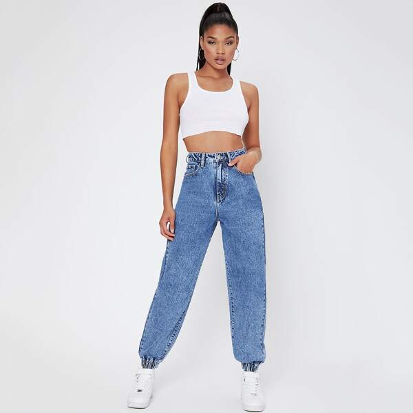 

High Waist Jogger Jeans, Medium wash