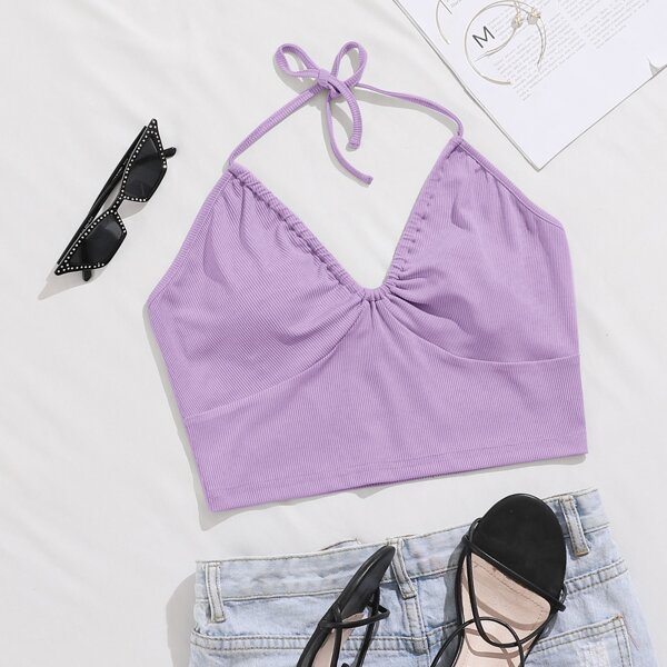 

Rib-knit Crop Halter Top, Lilac purple
