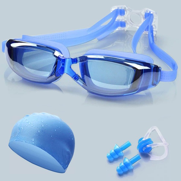 

4pcs Swimming Goggles With Swimming Cap Set, Blue