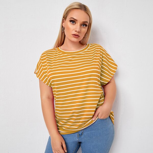 

Plus Striped Round Neck Tee, Yellow