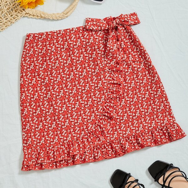 

Ditsy Floral Knot Side Wrap Skirt, Red