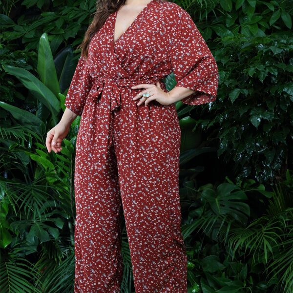 

Plus Ditsy Floral Surplice Front Belted Culotte Jumpsuit, Red