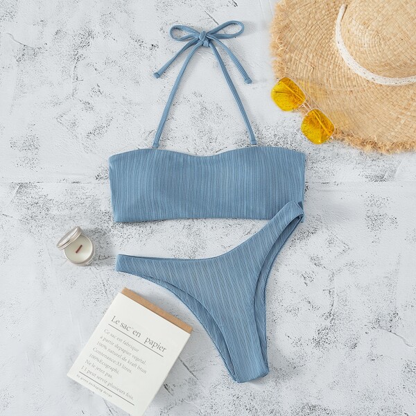 

Plain Cut-out Back Bandeau Bikini Swimsuit, Blue