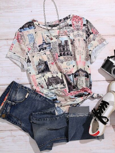 تي شيرت بطباعة مبنئ وعبارة مقاس كبير