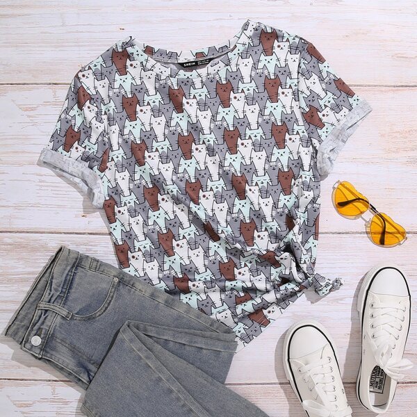 

Plus Allover Cat Print Tee, Multicolor