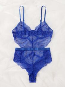 Scallop Trim Lace Teddy Bodysuit - Blue - View 2