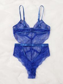 Scallop Trim Lace Teddy Bodysuit - Blue - View 3