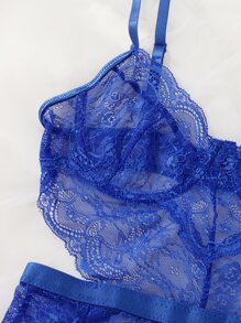 Scallop Trim Lace Teddy Bodysuit - Blue - View 4