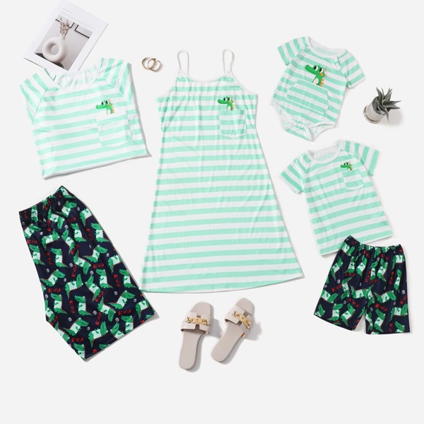 

Men Cartoon And Striped Tee & Shorts, Multicolor