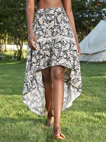 Paisley Print High Low Skirt - Multicolor - View 1