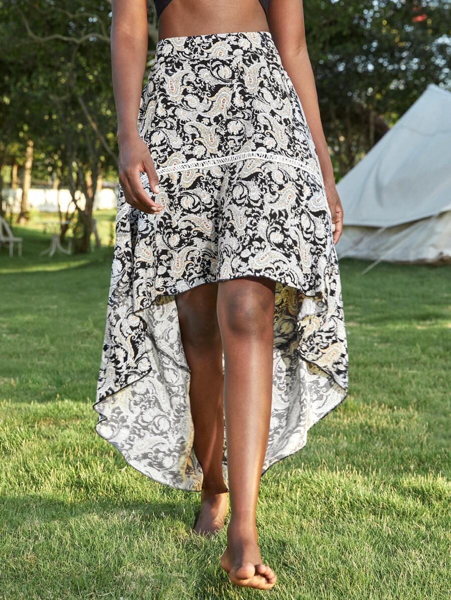 Paisley Print High Low Skirt - Multicolor - View 1
