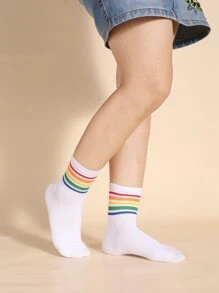 Rainbow Striped Crew Socks - Multicolor - View 3