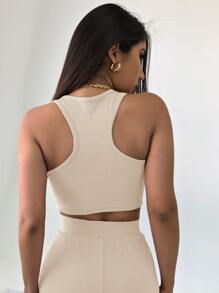 SHEIN Unity Áo hai dây Gân đan màu trơn Giải trí - Màu be - Xem 2