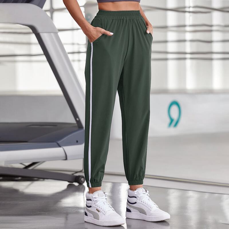 

Slant Pocket Contrast Tape Side Sports Pants, Army green