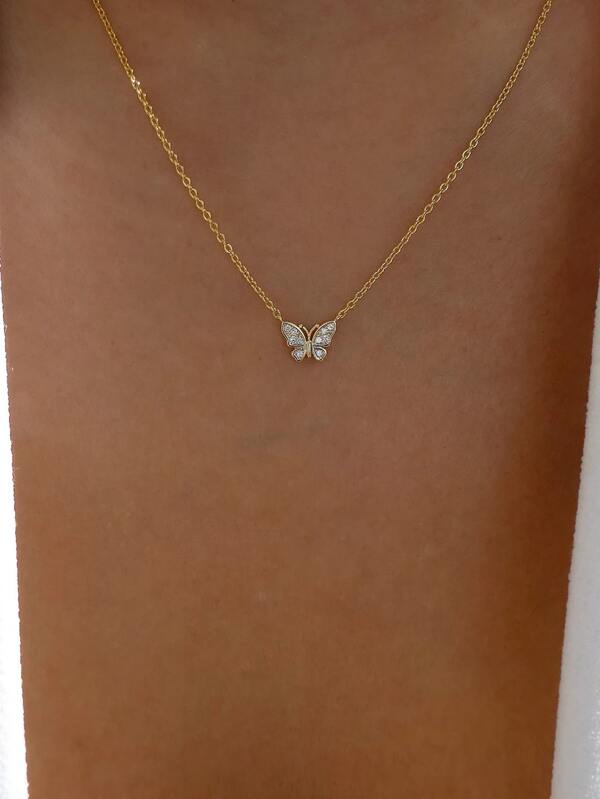 Rhinestone Decor Butterfly Charm Necklace