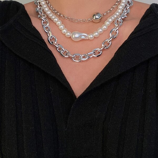 

3pcs Faux Pearl Decor Necklace, Silver
