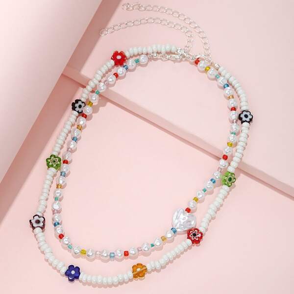 

2pcs Girls Flower Decor Faux Pearl Beaded Necklace, Multicolor