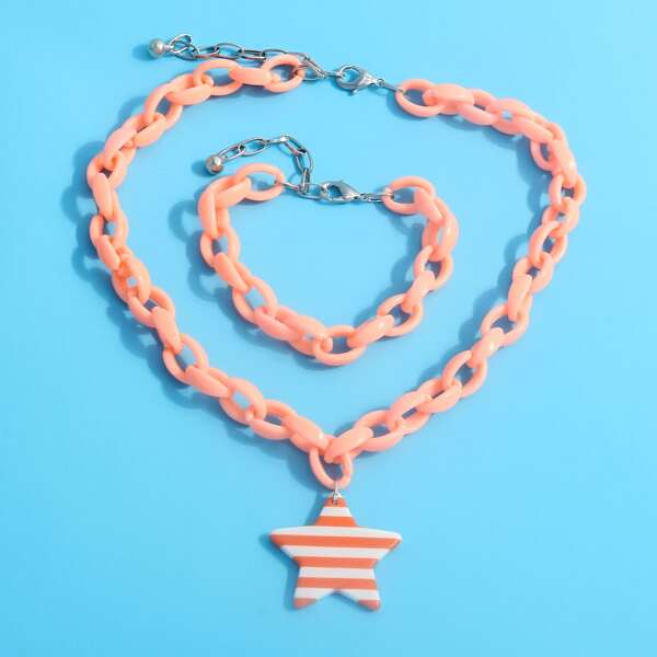 

1pc Kids Star Pendant Necklace & 1pc Bracelet, Coral pink