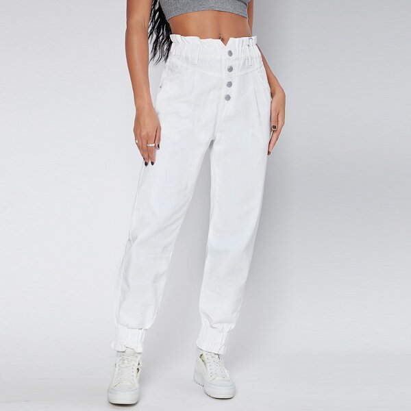 

High-Waist Denim Jogger Jeans, White