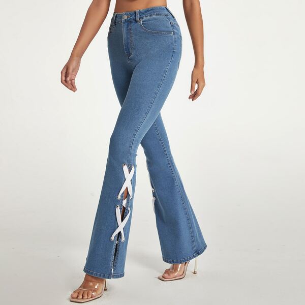 

High Waist Lace Up Side Flare Jeans, Medium wash