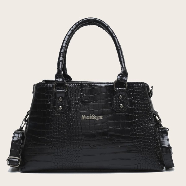 

Croc Embossed Top Handle Bag, Black