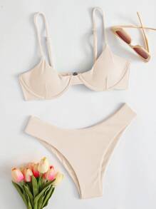 Rib Underwire Bikini Set For Summer Beach Vacation - Apricot - View 1