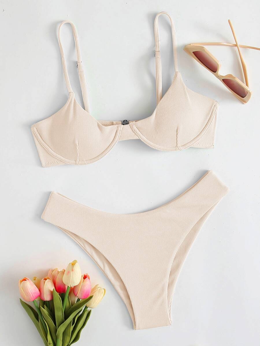 Rib Underwire Bikini Set For Summer Beach Vacation - Apricot - View 1
