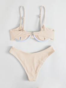 Rib Underwire Bikini Set For Summer Beach Vacation - Apricot - View 3