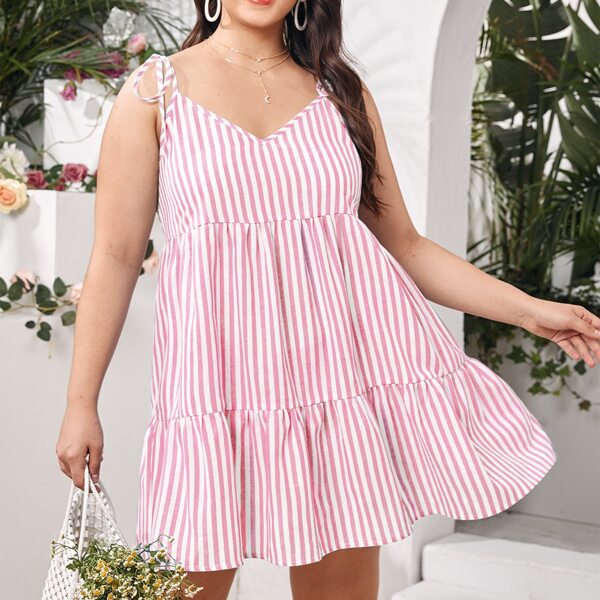 

Plus Knit Shoulder Ruffle Hem Striped Cami Dress, Multicolor