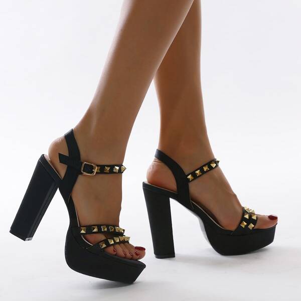 

Spiked Decor Chunky Heeled Platform Sandals, Black