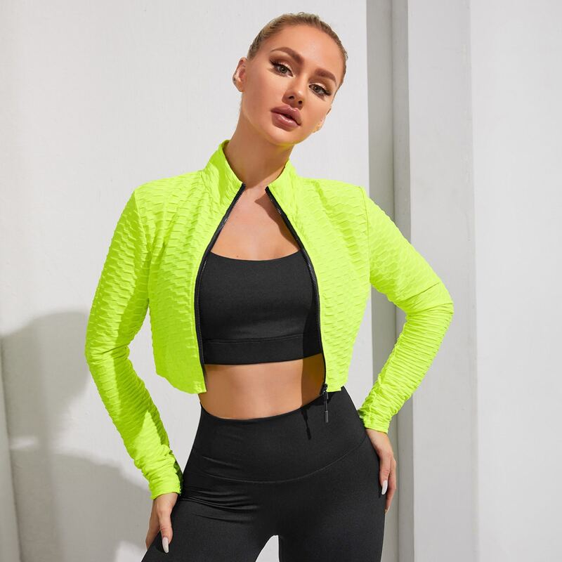 

Solid Zip Up Crop Sports Jacket, Yellow