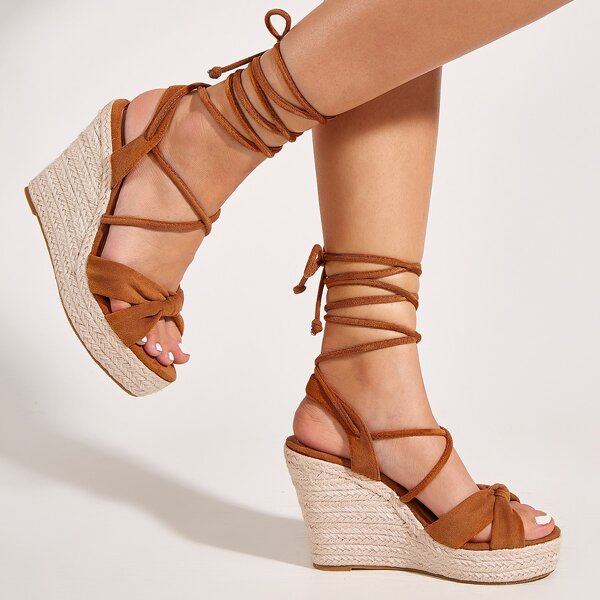 

Tie Leg Espadrille Wedge Sandals, Brown