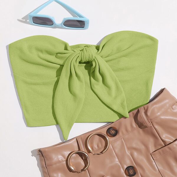 

Tie Front Rib-knit Bustier Tube Top, Lime green