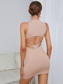 鏤空包臀連衣裙 - 卡其色 - 查看 2