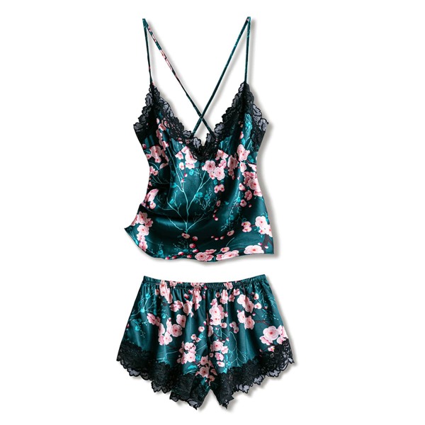 

Floral Print Lace Trim Satin Night Set, Dark green