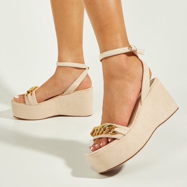 

Chain Decor Ankle Strap Wedge Sandals, Beige